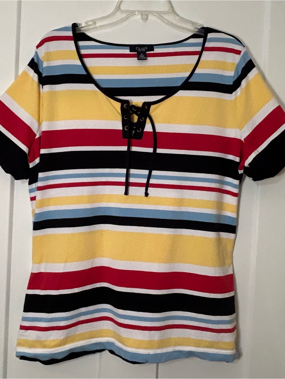 Chaps Women's Short Sleeve Lace-Up Striped Tee
